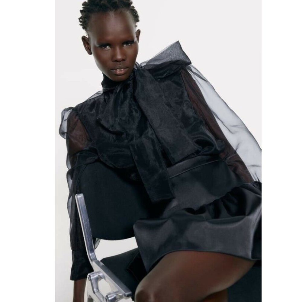 Zara Organza Semi-Sheer Blouse Top w/ Tie Black Color NWT.